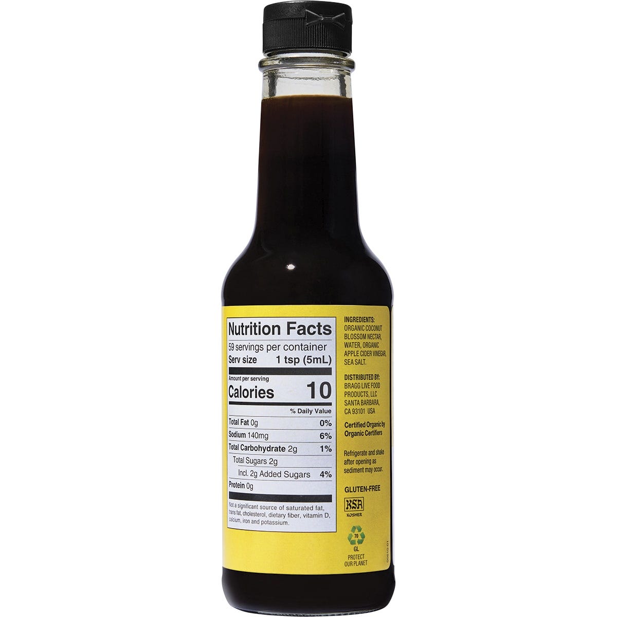 Back of Bragg Organic Coconut Liquid Aminos 296ml bottle showing ingredients, nutrition facts, and organic certification.