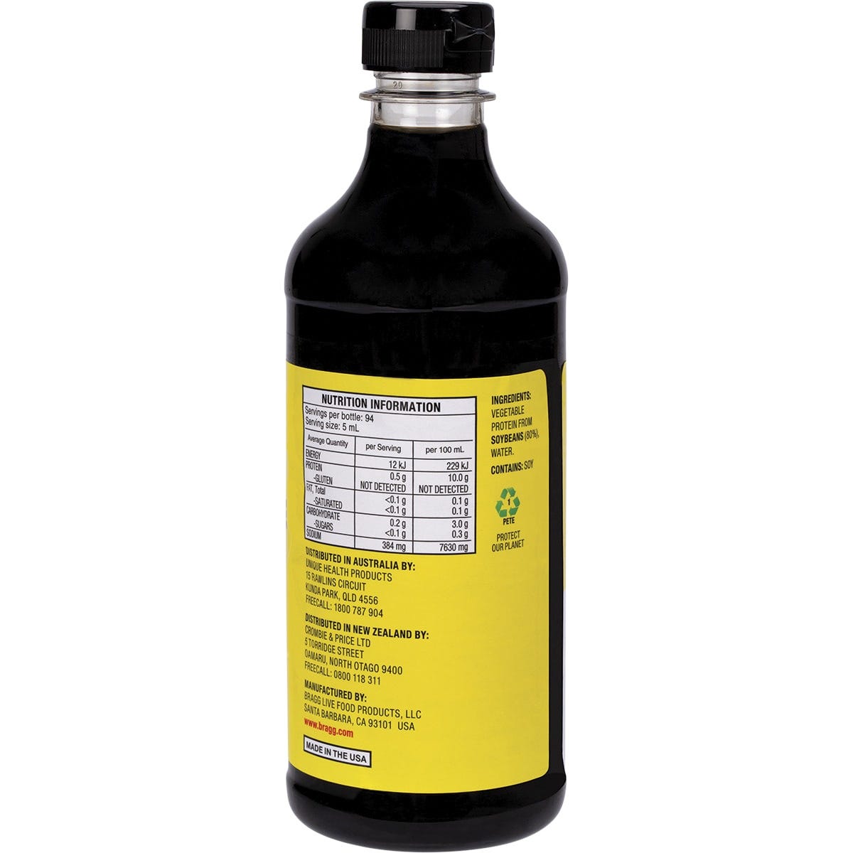 Bragg Liquid Aminos 473ml bottle with a yellow label and red cap on a white background.