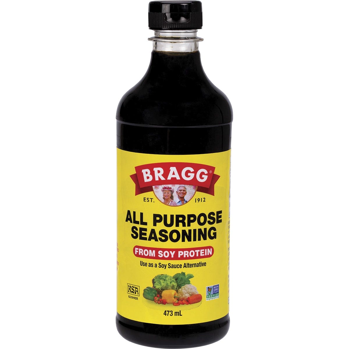Bragg Liquid Aminos 473ml bottle, a gluten-free soy sauce alternative with a yellow label and red cap.