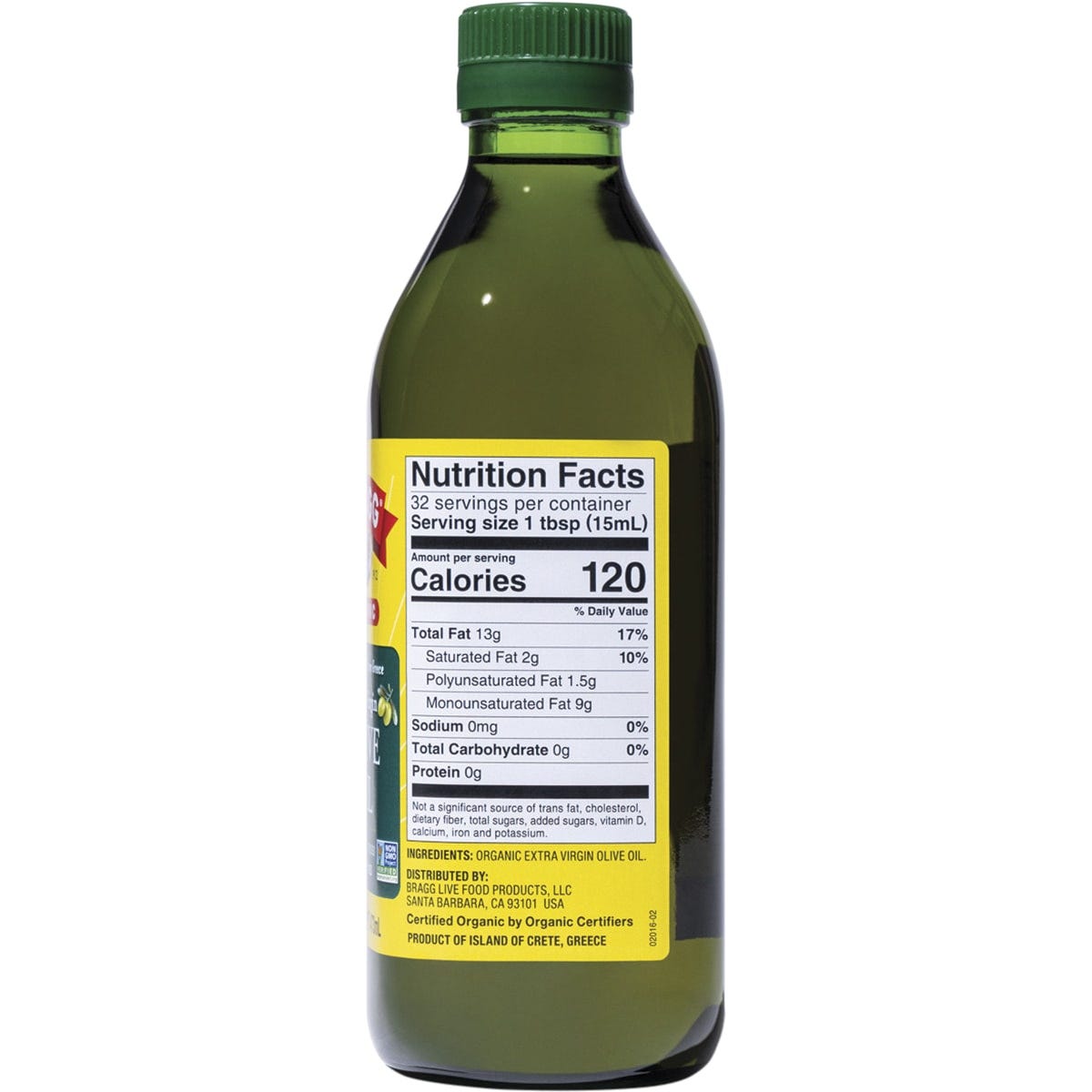 473ml glass bottle of Bragg Organic Extra Virgin Olive Oil with a yellow label on a white background.