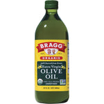 946ml bottle of Bragg Unrefined Organic Extra Virgin Olive Oil made with Greek Koroneiki olives.