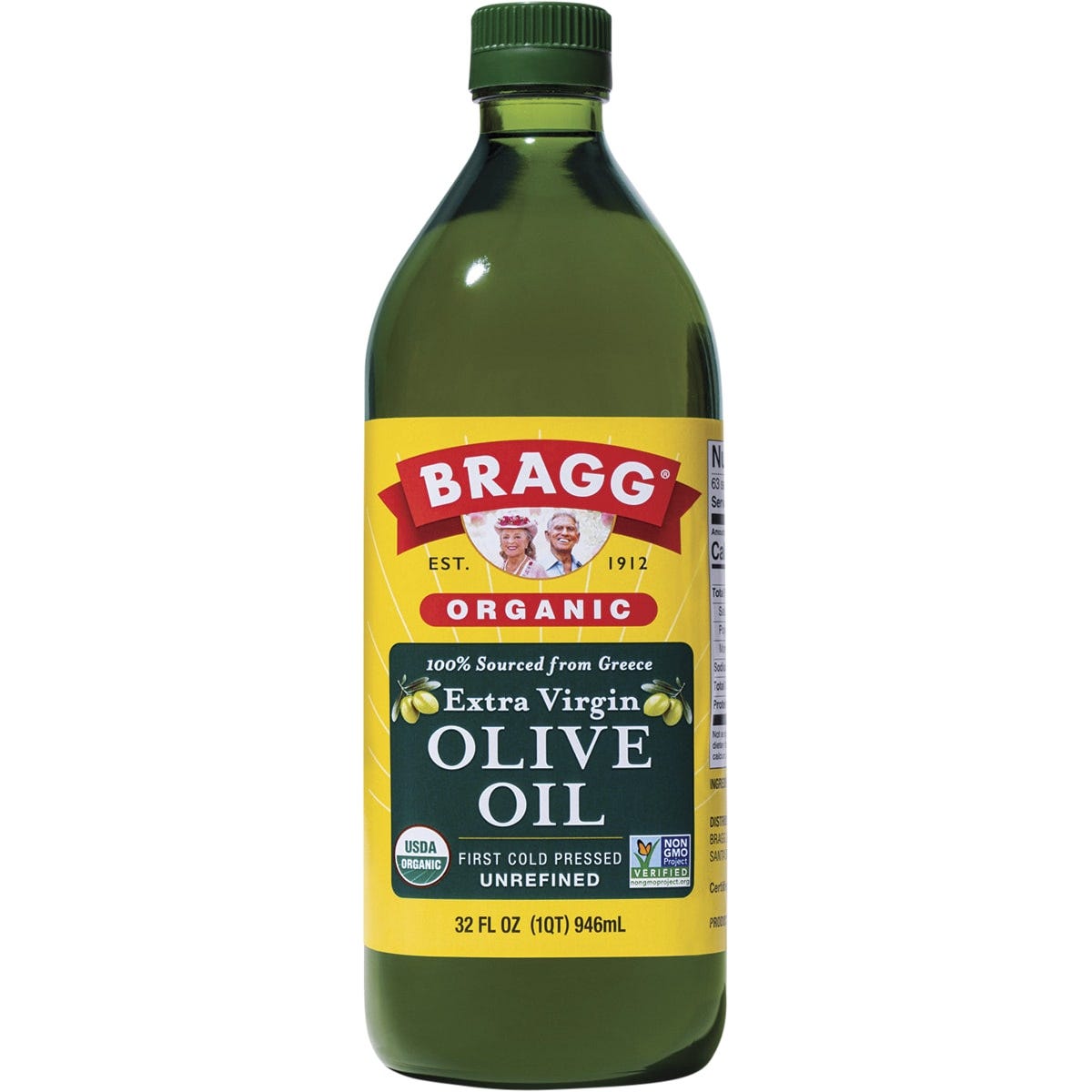 946ml bottle of Bragg Unrefined Organic Extra Virgin Olive Oil made with Greek Koroneiki olives.