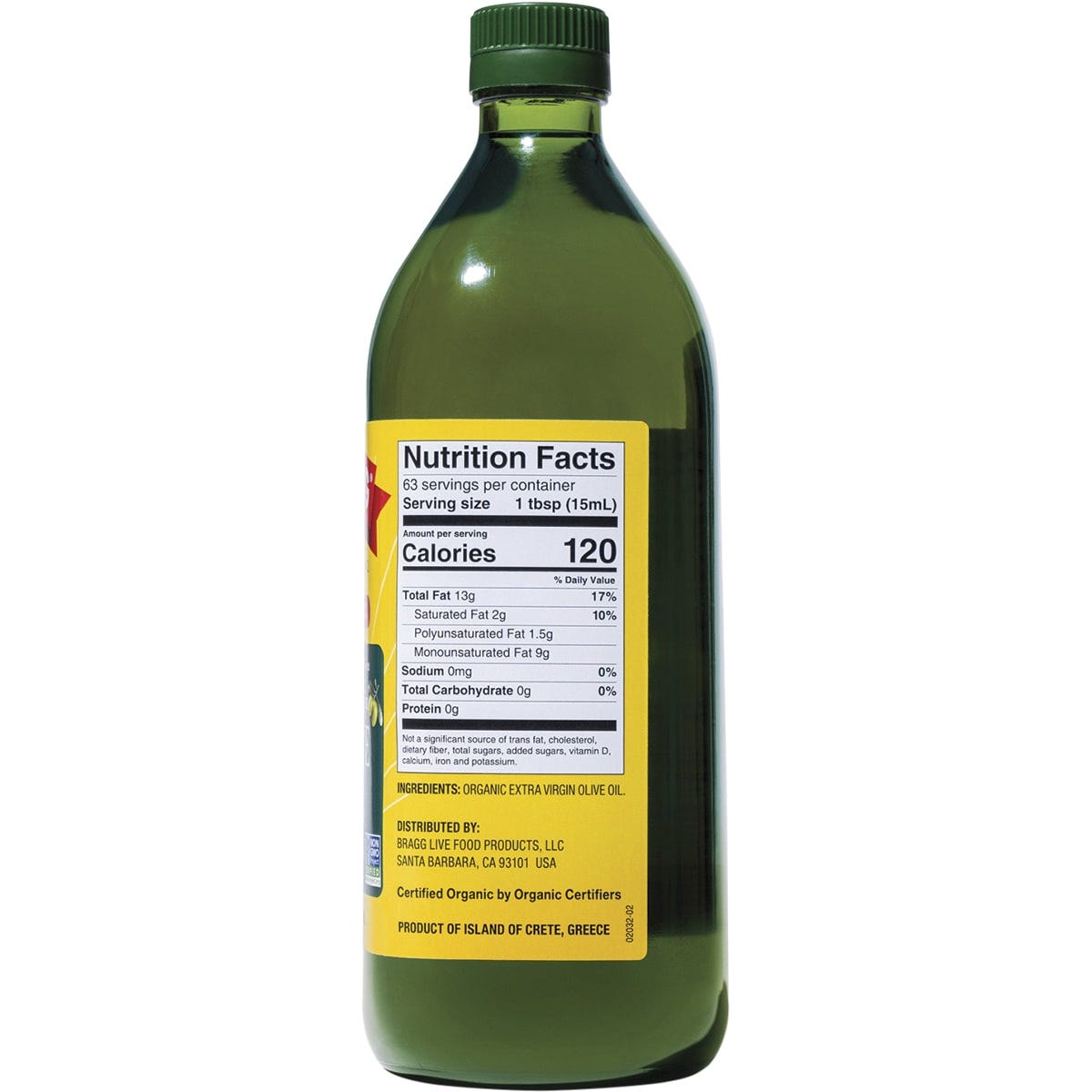 Back of a 946ml Bragg Organic Olive Oil bottle showing nutrition facts, ingredients, and storage instructions.