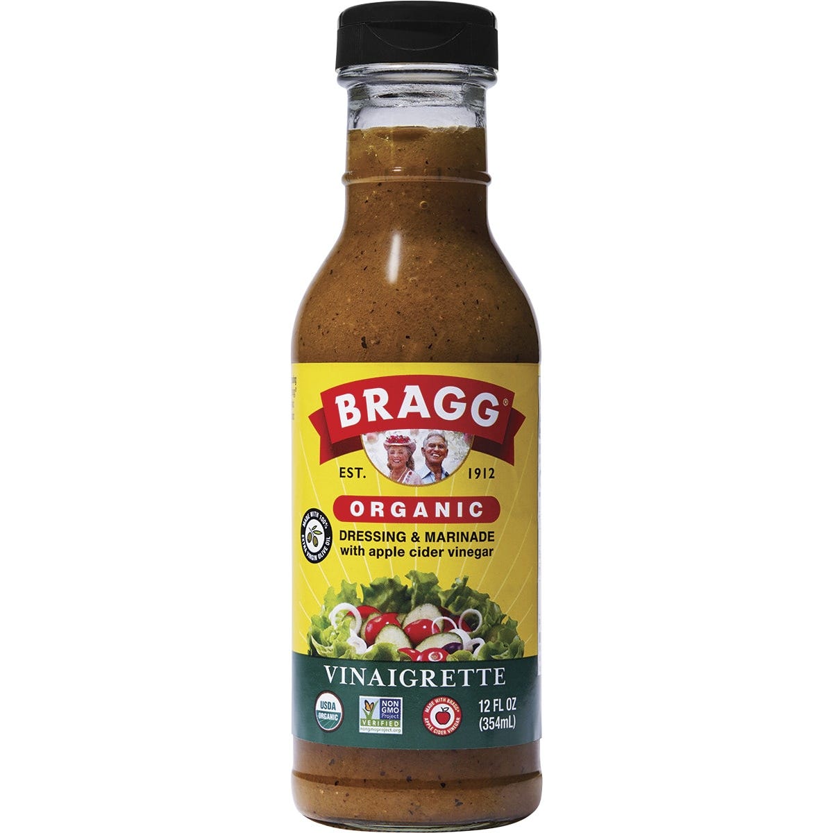 354ml bottle of Bragg Organic Vinaigrette Salad Dressing and Marinade made with apple cider vinegar and olive oil.