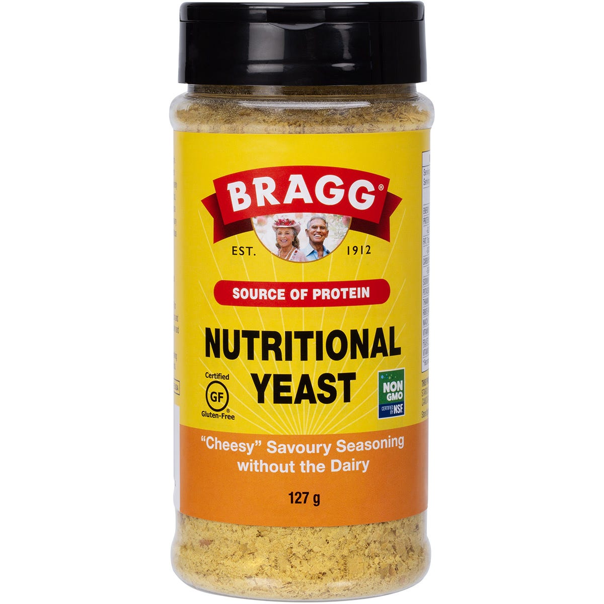 Bragg Nutritional Yeast Seasoning 127g bottle featuring a yellow label with red and black text on a white background.
