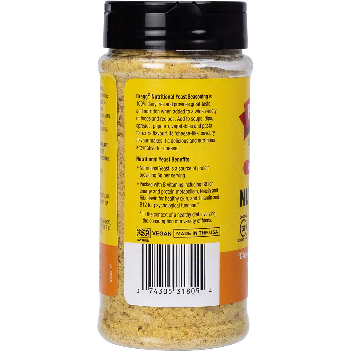 Rear view of Bragg Nutritional Yeast 127g bottle showing nutrition facts and ingredients on a yellow label.