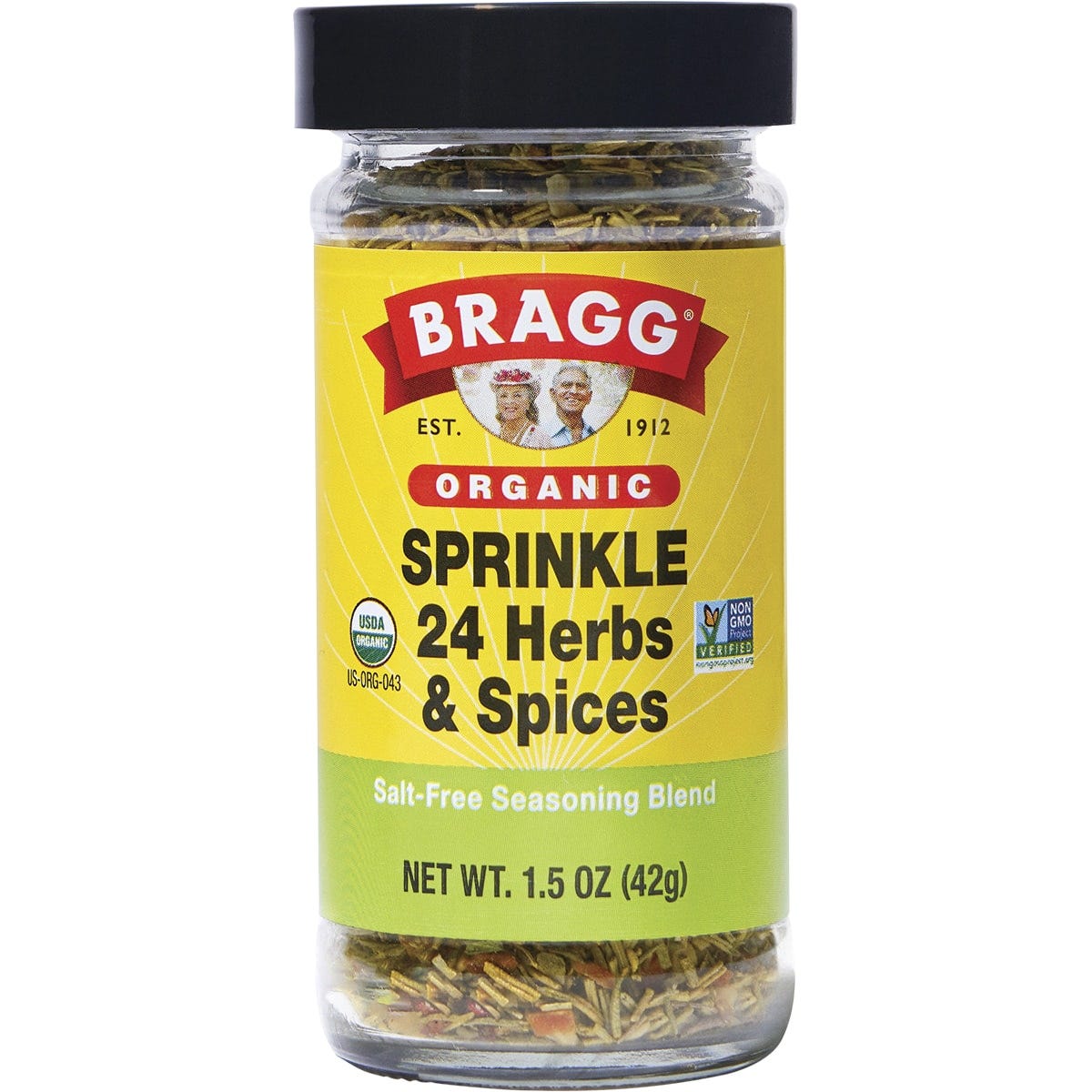 42g bottle of Bragg Organic Sprinkle 24 Herb & Spices salt-free seasoning with a yellow and red label.