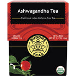 Box of 18 Buddha Teas organic ashwagandha herbal tea bags featuring a botanical root illustration on a white background.
