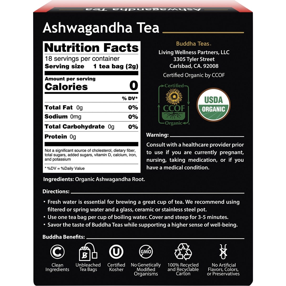 Box of 18 Buddha Teas organic ashwagandha herbal tea bags with a botanical root illustration on a white background.