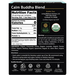 Light blue box of Buddha Teas Organic Calm Buddha Blend featuring floral designs and 18 herbal tea bags.