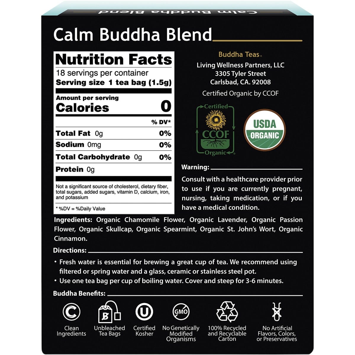 Light blue box of Buddha Teas Organic Calm Buddha Blend featuring floral designs and 18 herbal tea bags.