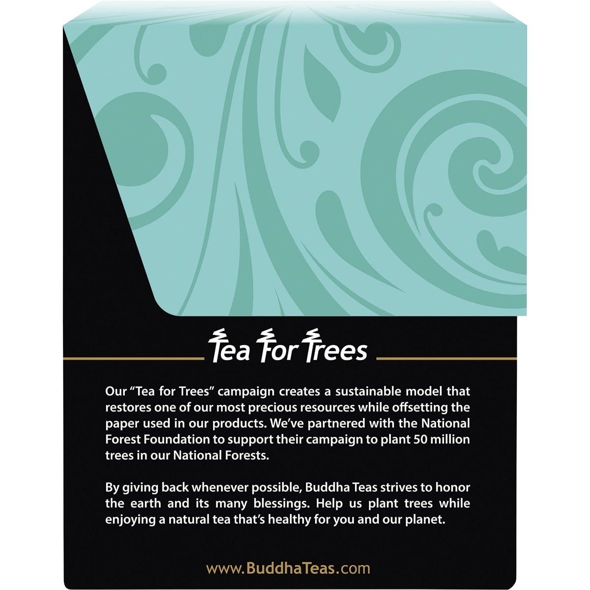 18-pack box of Buddha Teas Organic Calm Buddha Blend tea on a white background with floral illustrations.