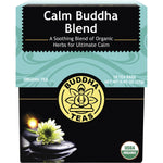 18-pack of Buddha Teas Organic Calm Buddha Blend herbal tea bags in a light blue box with floral illustrations.