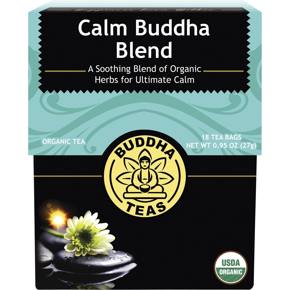 18-pack of Buddha Teas Organic Calm Buddha Blend herbal tea bags in a light blue box with floral illustrations.