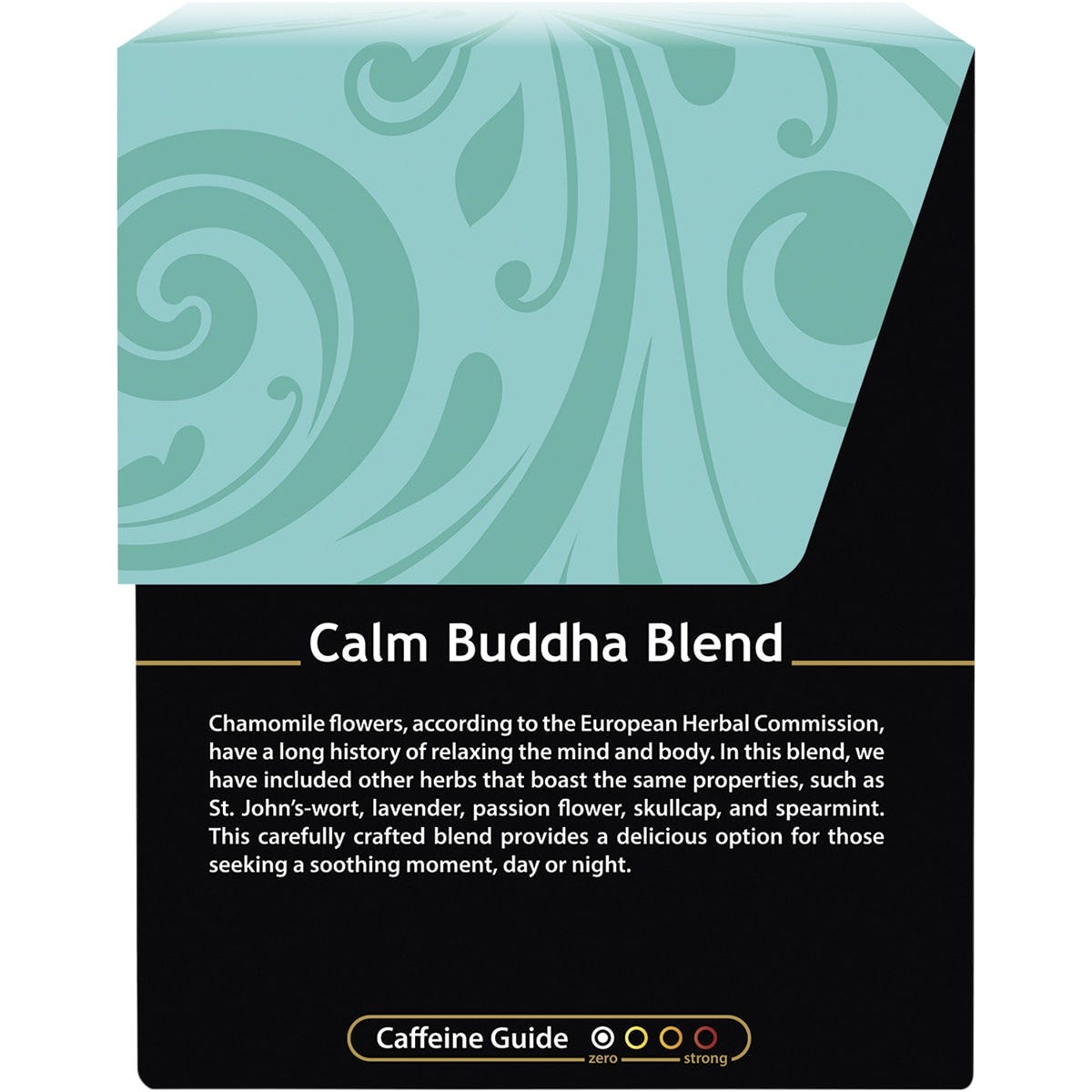 Side of Buddha Teas Calm Buddha Blend box showing organic certification and unbleached tea bag benefits.