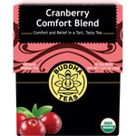 Box of 18 Buddha Teas Organic Cranberry Comfort Blend herbal tea bags featuring a red and white floral design.