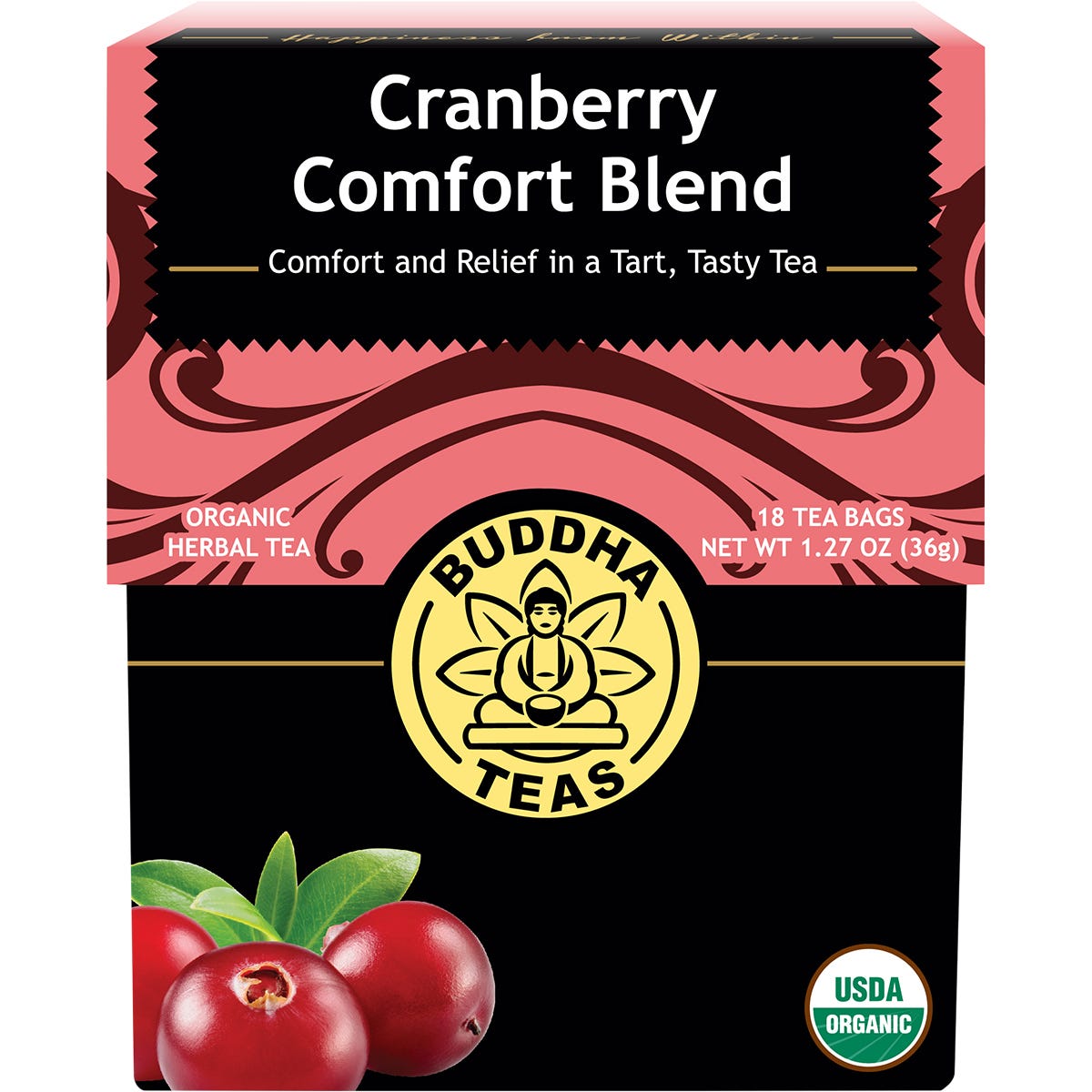 Box of 18 Buddha Teas Organic Cranberry Comfort Blend herbal tea bags featuring a red and white floral design.