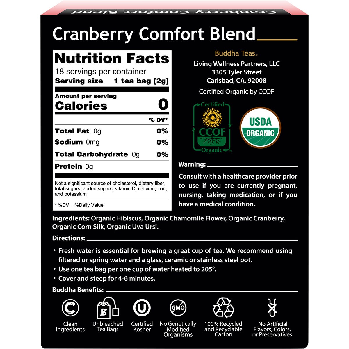 Buddha Teas Organic Cranberry Comfort Blend box of 18 tea bags on a white background.
