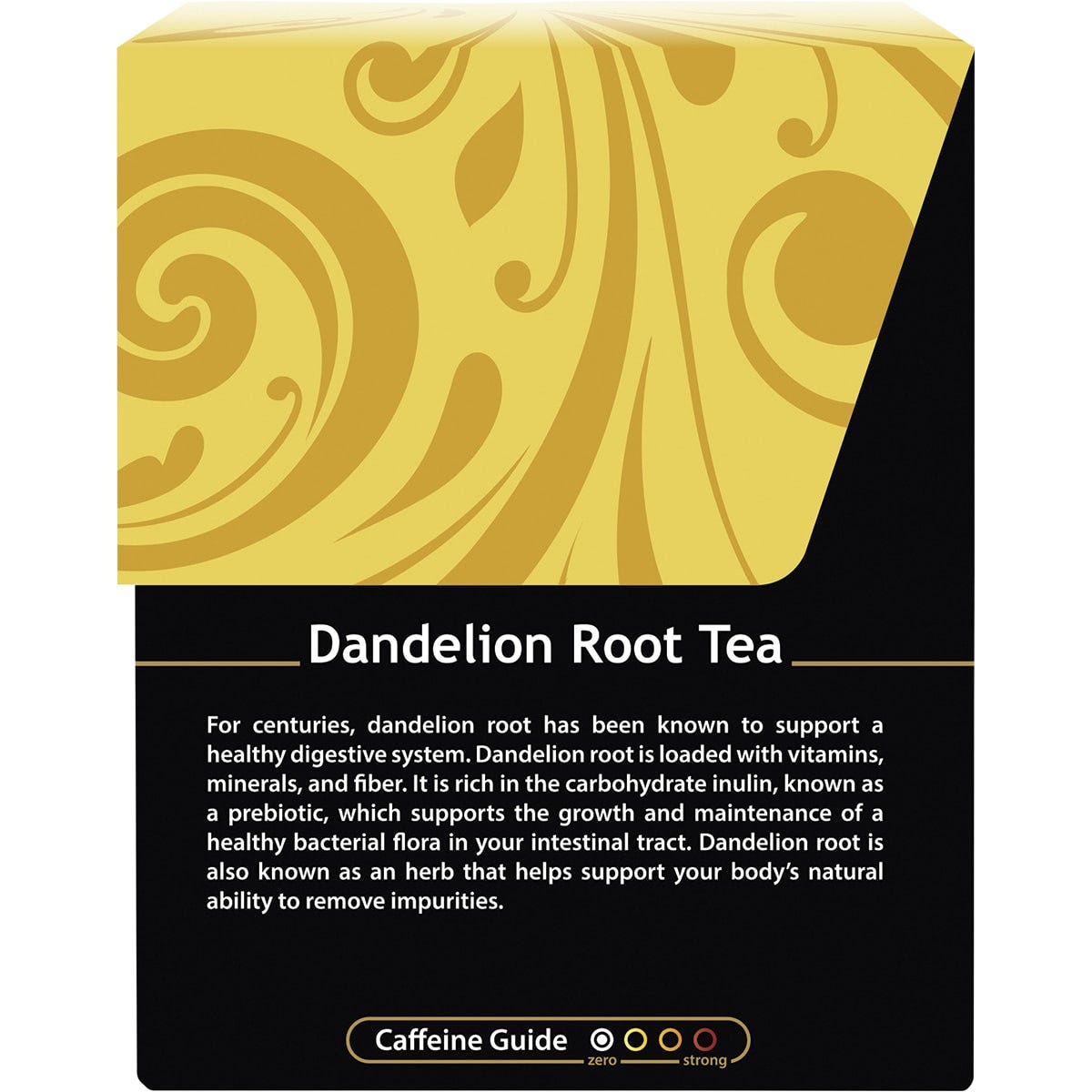 Back of Buddha Teas Organic Dandelion Root Tea box showing nutrition facts, ingredients, and company information.