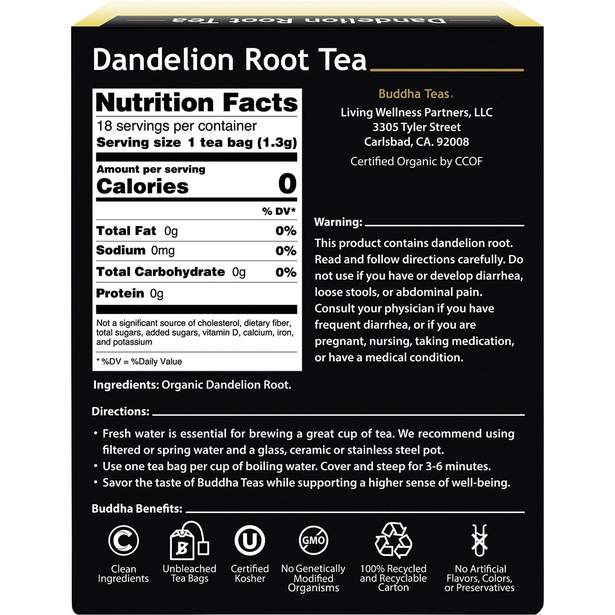 Box of 18 Buddha Teas Organic Dandelion Root tea bags featuring a yellow flower and green leaves on a white background.