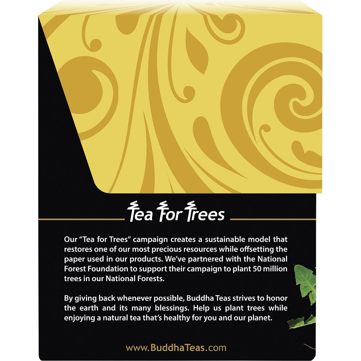 Side view of a Buddha Teas Organic Dandelion Root box showing brewing instructions and product benefits.
