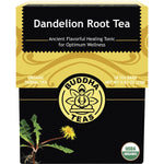 Box of 18 Buddha Teas organic dandelion root tea bags featuring a yellow dandelion flower on the label.