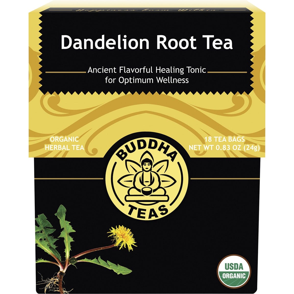 Box of 18 Buddha Teas organic dandelion root tea bags featuring a yellow dandelion flower on the label.