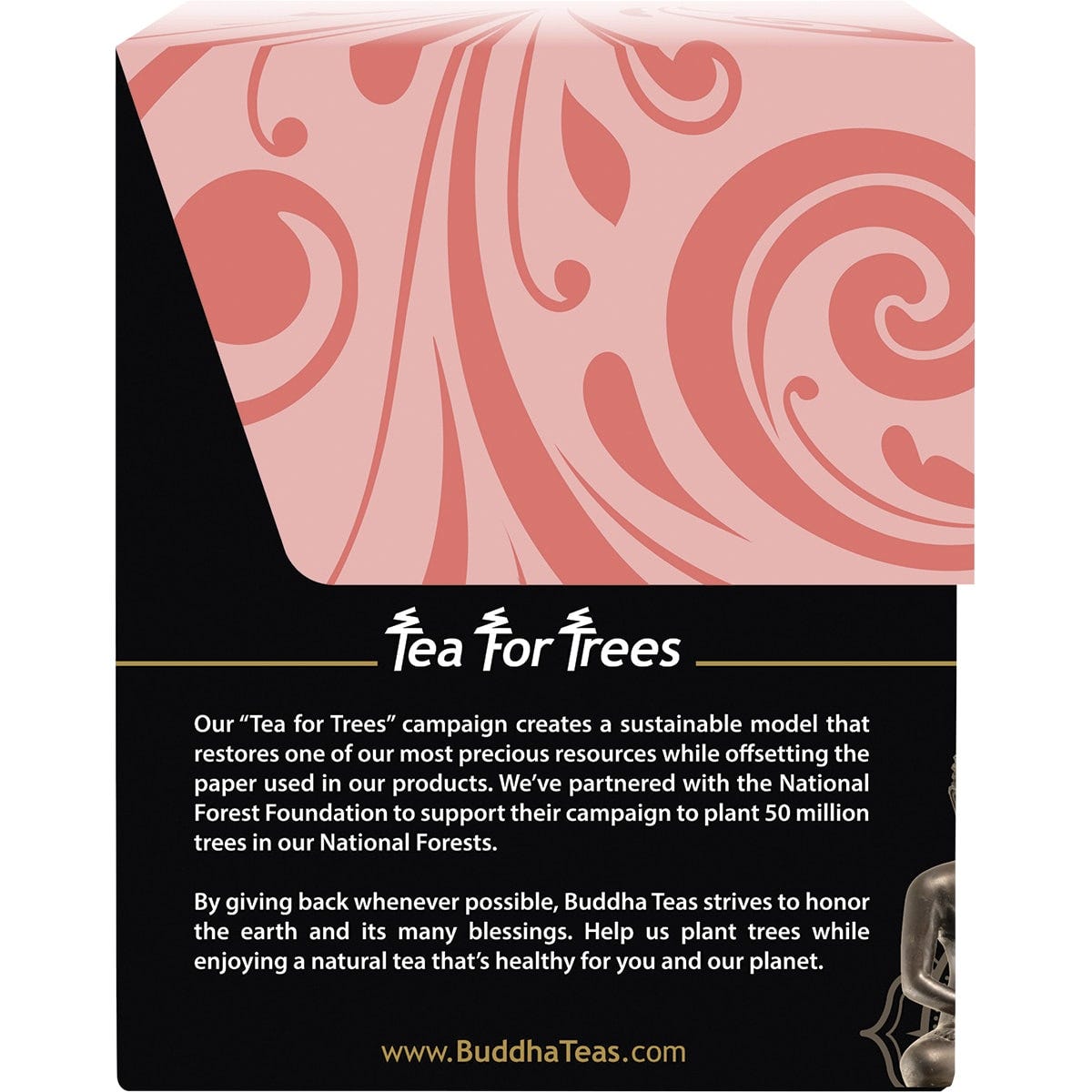 Side view of a Buddha Teas Organic Detox Dharma Blend box showing product benefits and a "Caffeine Free" logo.