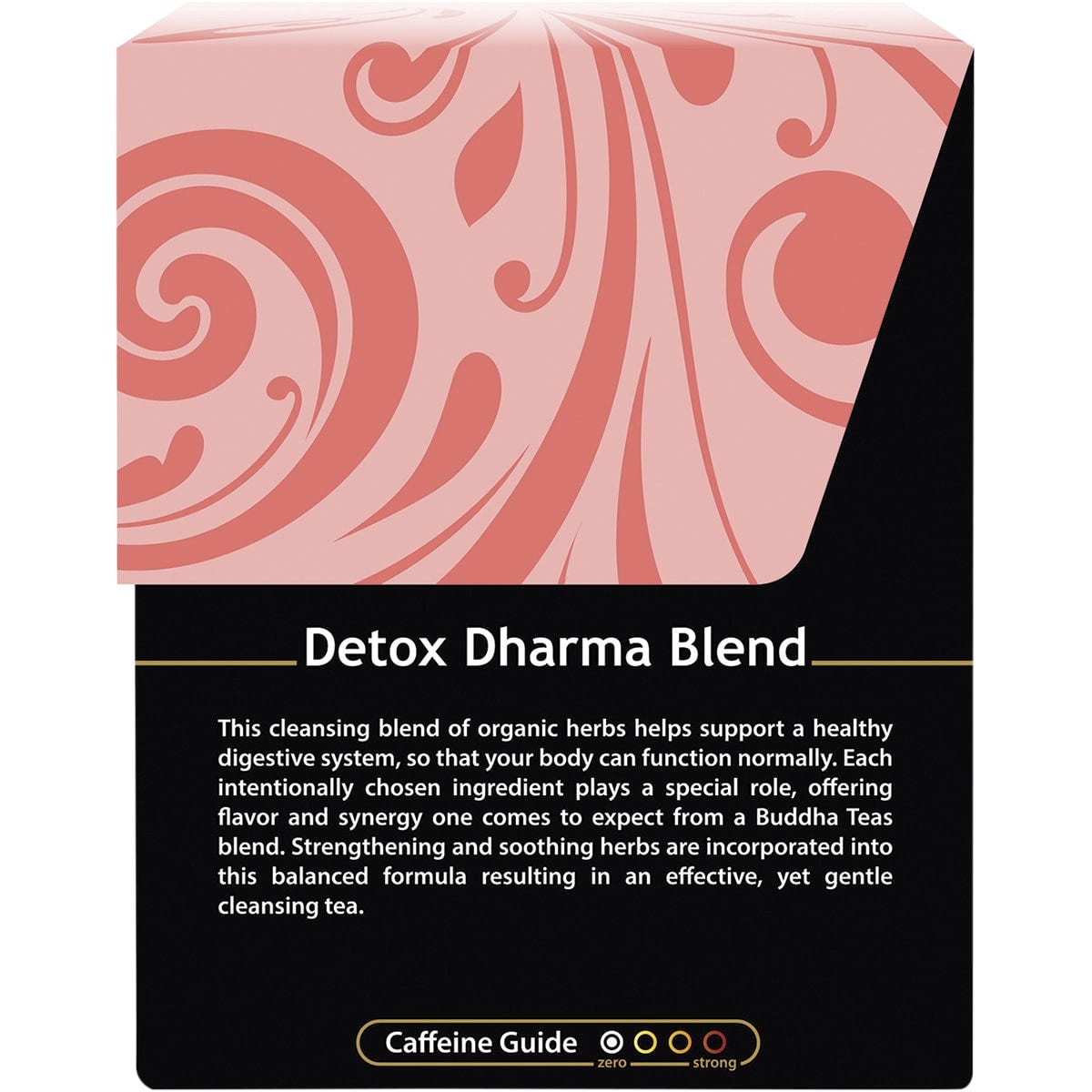 Back of a Buddha Teas Detox Dharma Blend box showing supplement facts, ingredients, and directions.