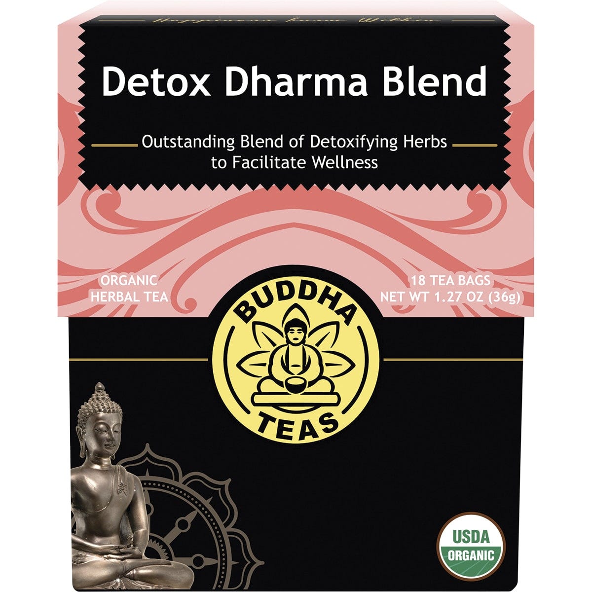 18-pack box of Buddha Teas Organic Detox Dharma Blend herbal tea bags.