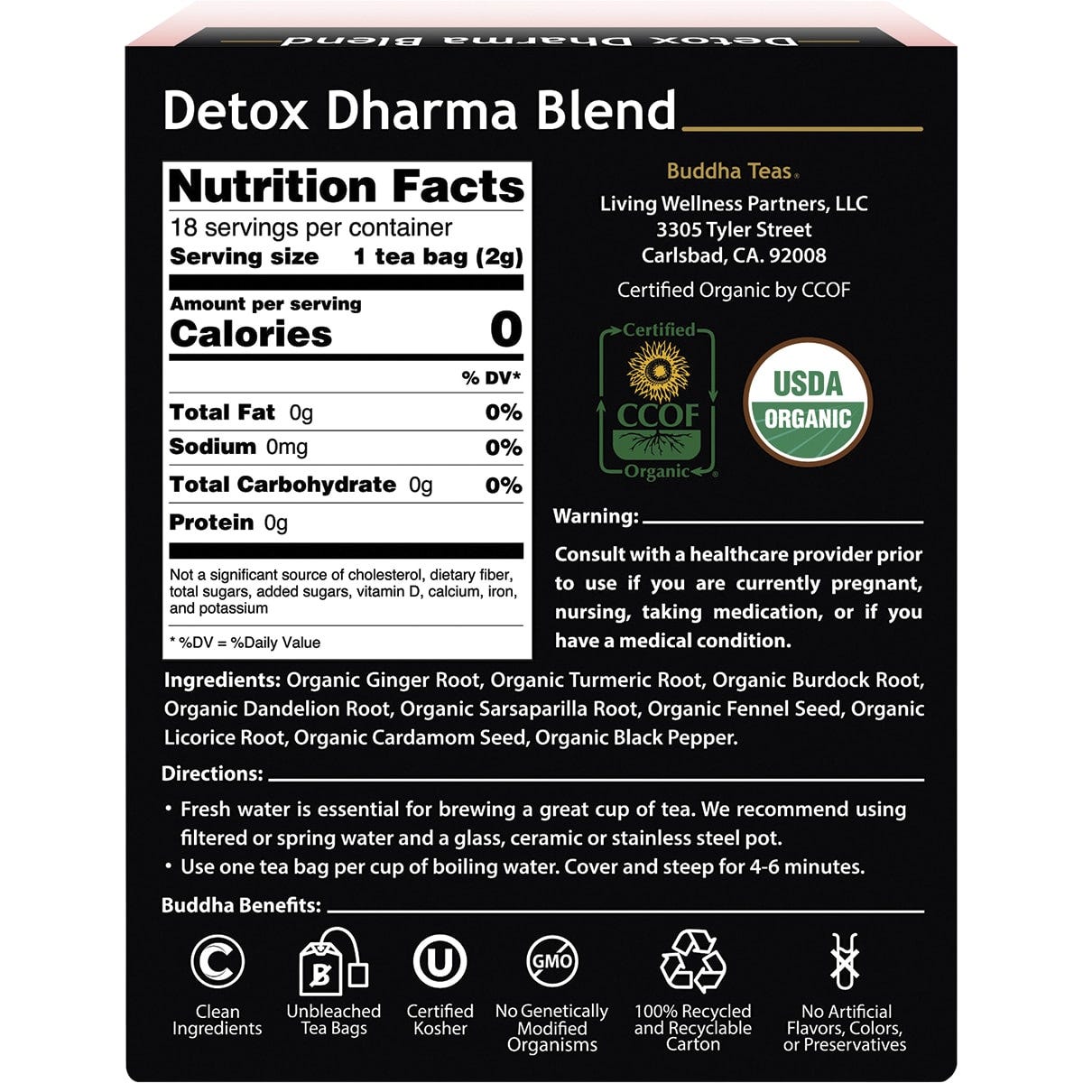 18-pack box of Buddha Teas Organic Detox Dharma Blend herbal tea bags on a white background.