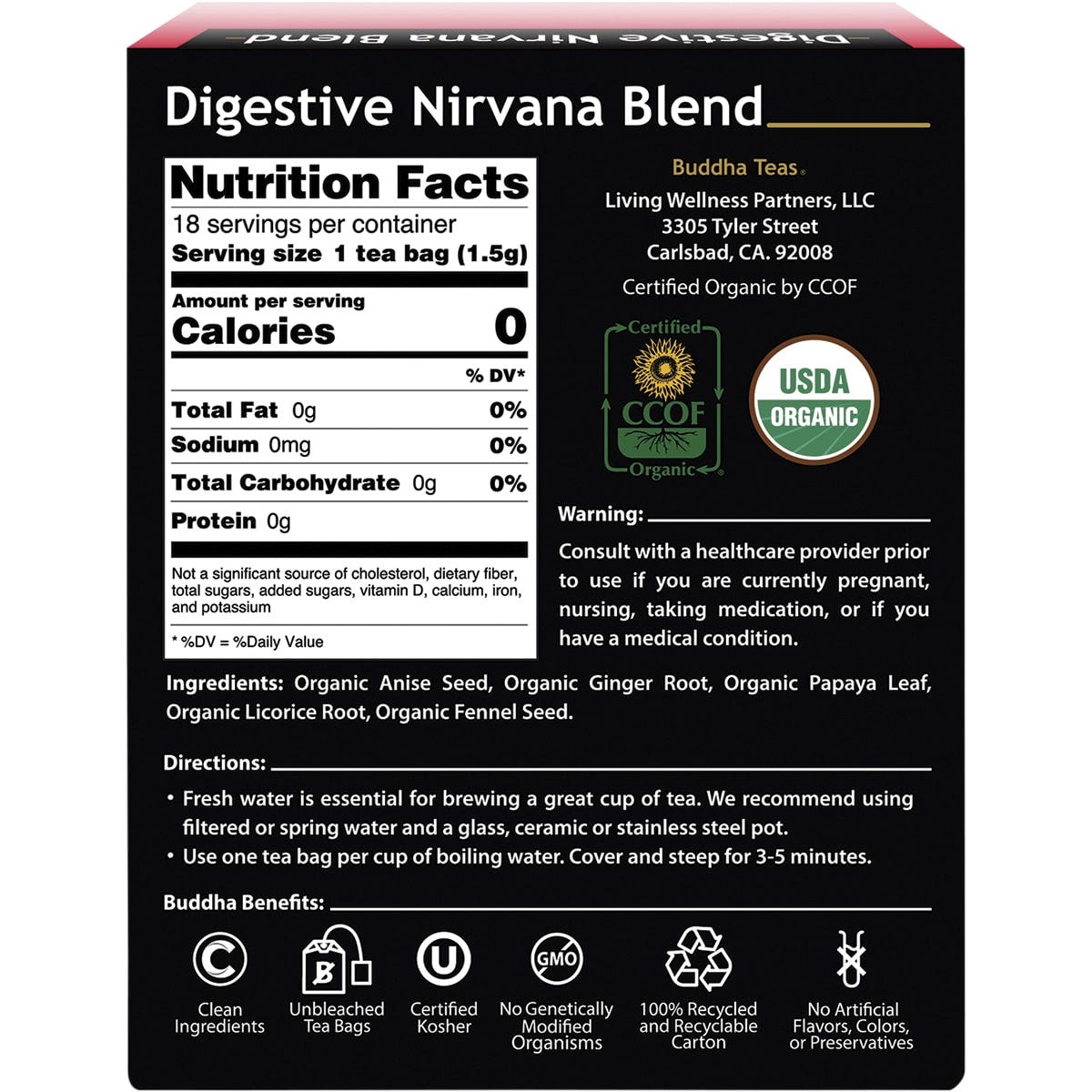 Buddha Teas Digestive Nirvana Blend 18-pack box showing organic ingredients like anise, ginger, and fennel.