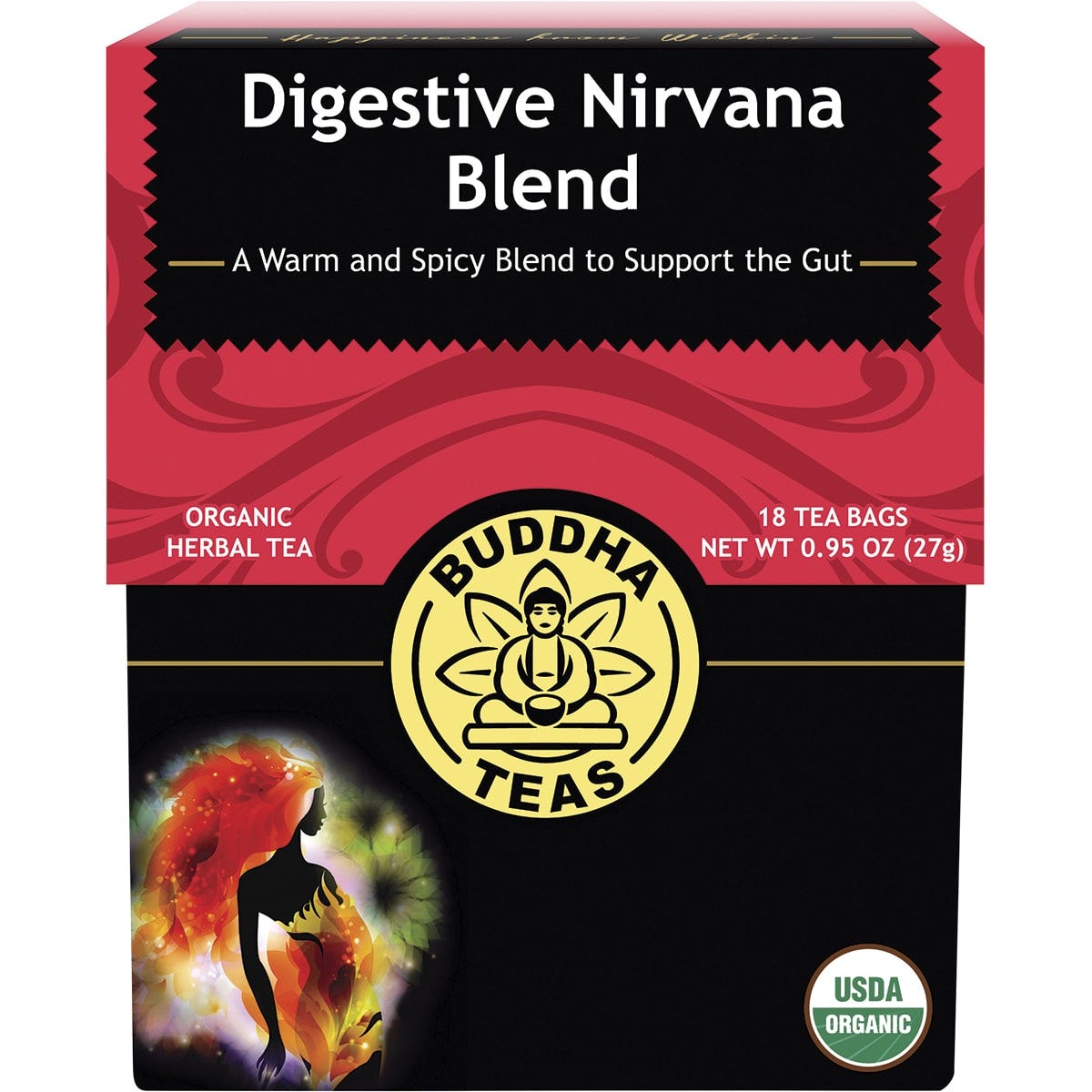 Buddha Teas Digestive Nirvana Blend 18-pack box with organic herbal tea bags on a white background.