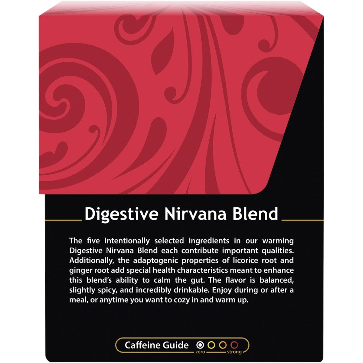 Back of Buddha Teas Digestive Nirvana box showing brewing directions, ingredients, and caffeine-free label.