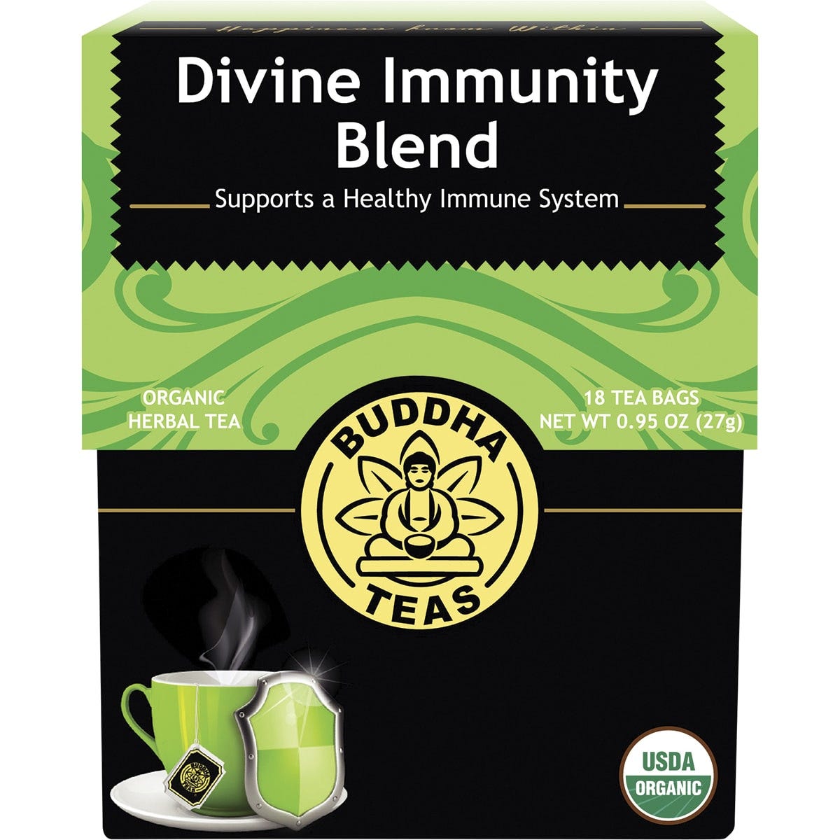 18-pack box of Buddha Teas Organic Divine Immunity Blend herbal tea featuring botanical illustrations.