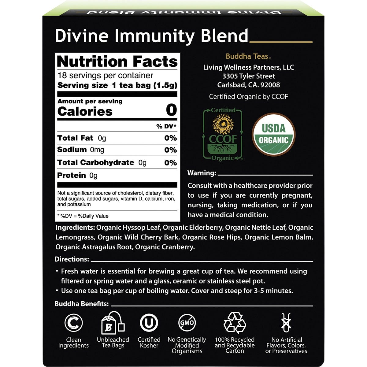 Buddha Teas Organic Divine Immunity Blend 18-pack box featuring herbal and fruit illustrations on a white background.