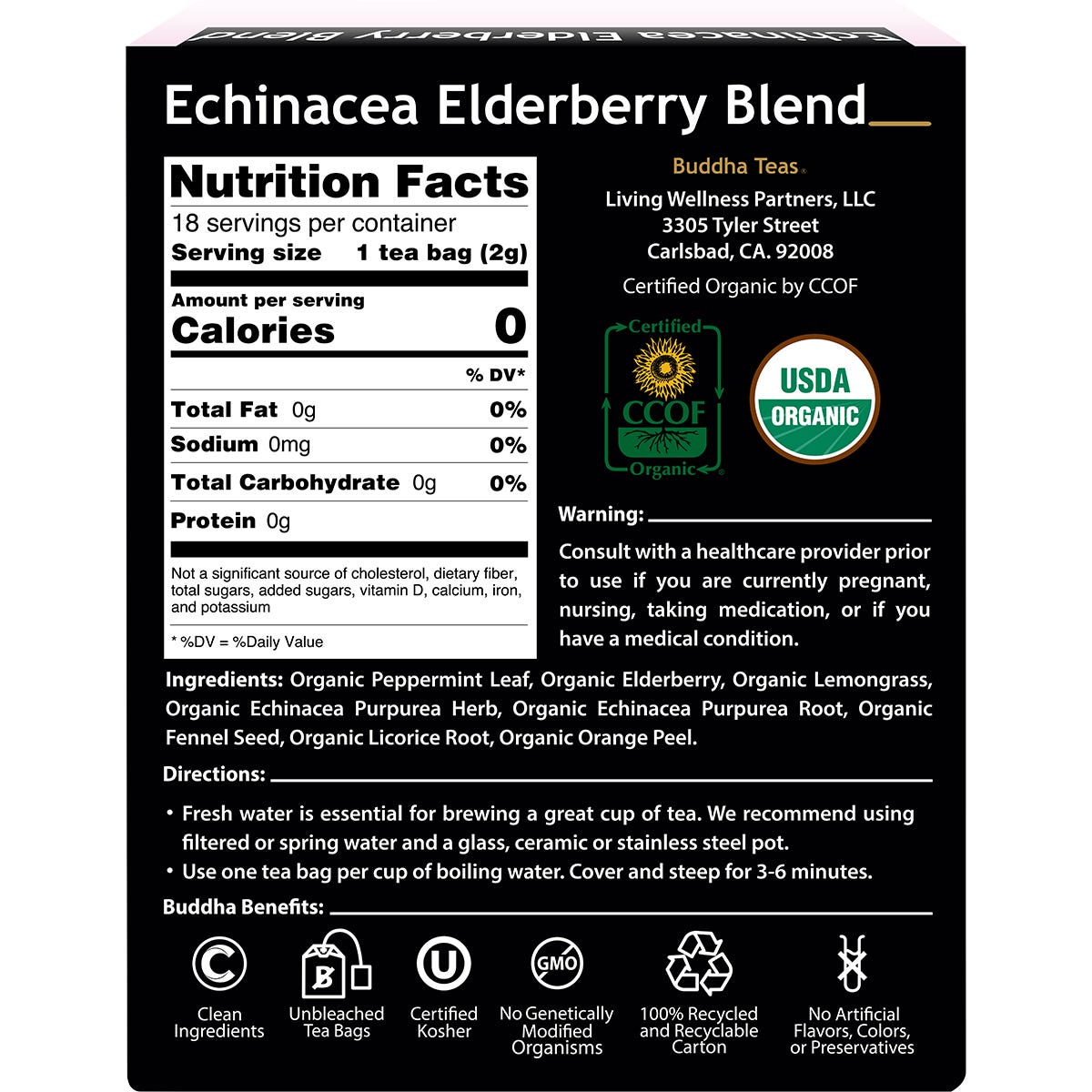 Purple box of Buddha Teas Echinacea Elderberry Blend featuring 18 organic herbal tea bags on a white background.