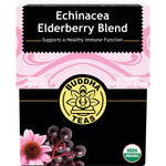 18 pack of Buddha Teas Organic Echinacea Elderberry Blend herbal tea bags in a purple and white box.