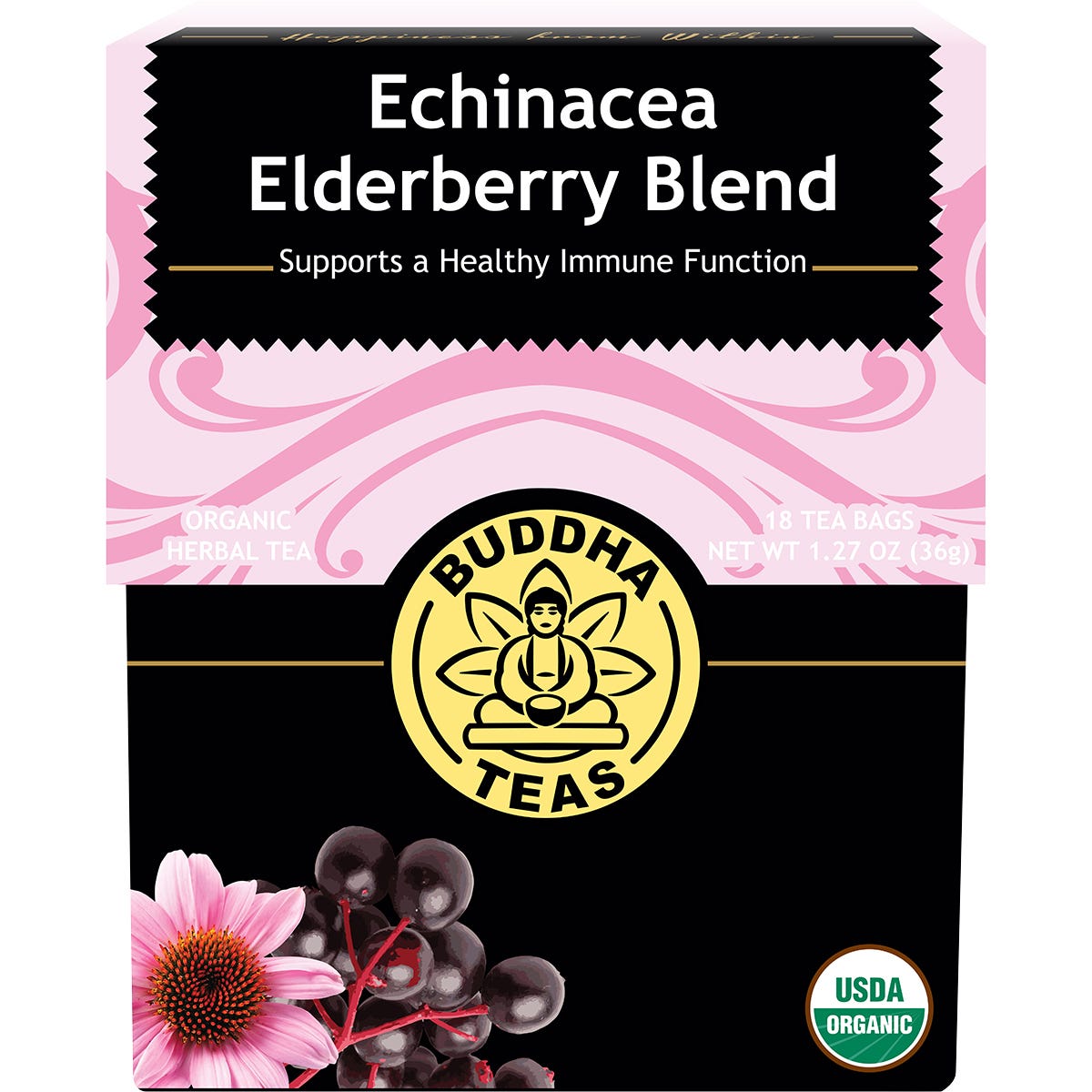 18 pack of Buddha Teas Organic Echinacea Elderberry Blend herbal tea bags in a purple and white box.