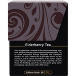Back of Buddha Teas Organic Elderberry Tea box showing nutrition facts, ingredients, and company mission.