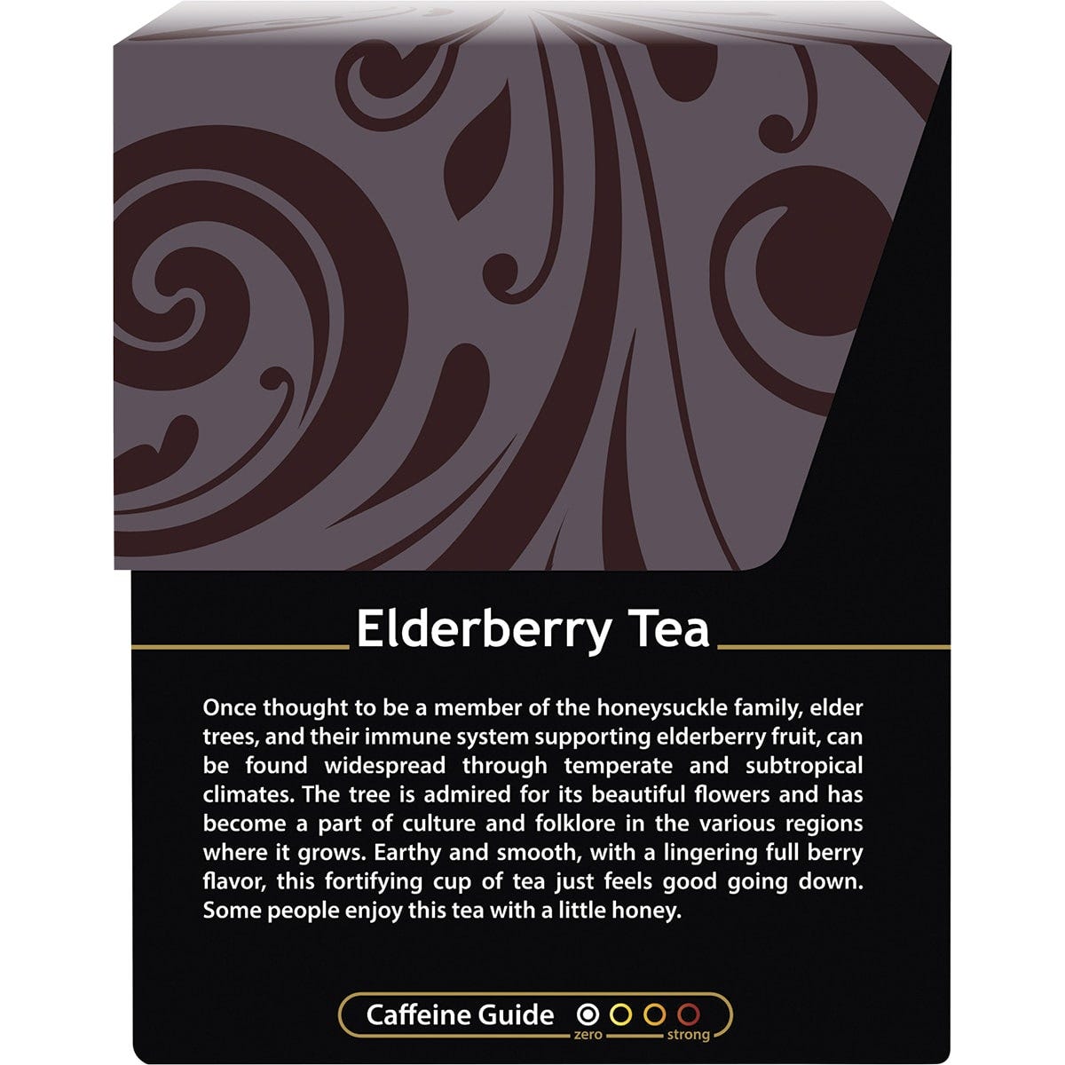 Back of Buddha Teas Organic Elderberry Tea box showing nutrition facts, ingredients, and company mission.