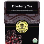 Box of Buddha Teas Organic Elderberry Tea with 18 bleach-free tea bags and illustrations of berries.