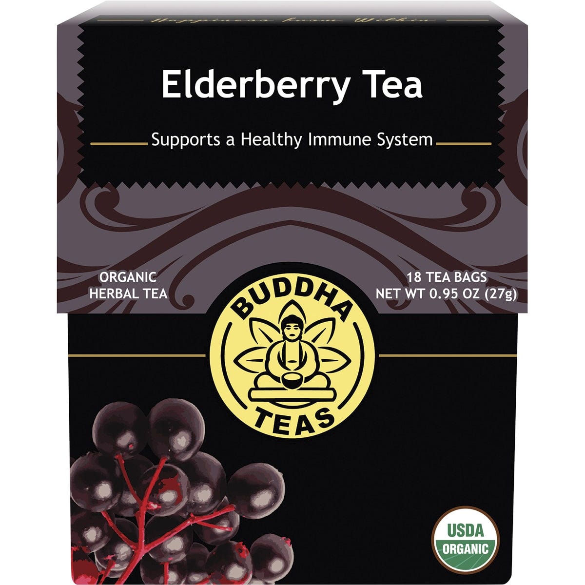 Box of Buddha Teas Organic Elderberry Tea with 18 bleach-free tea bags and illustrations of berries.