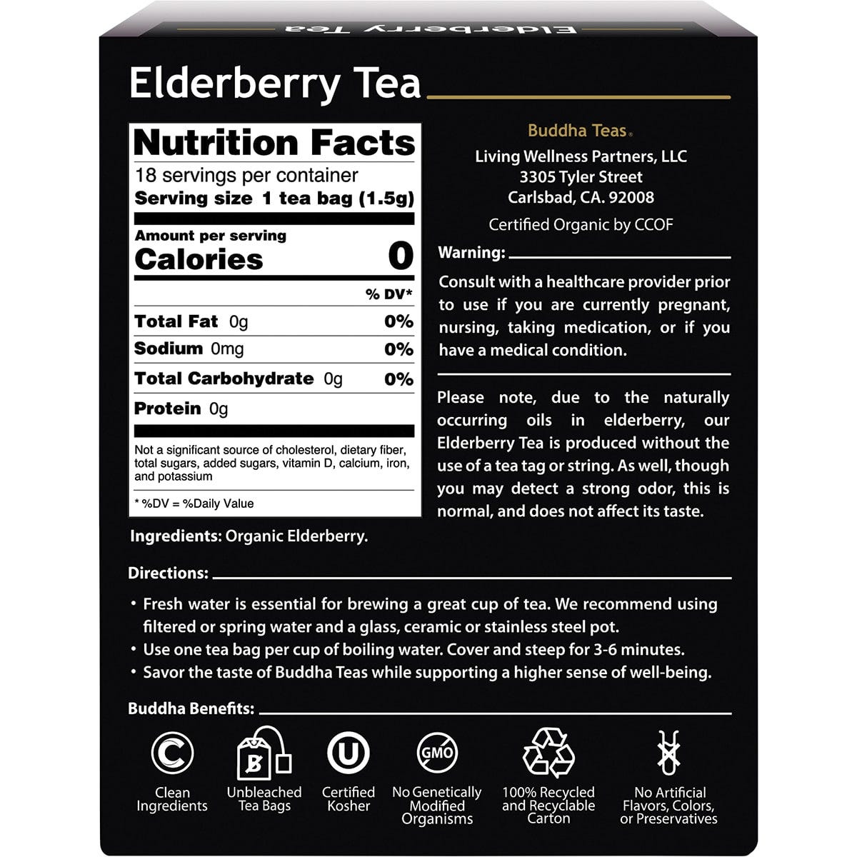 Buddha Teas Organic Elderberry Tea box with 18 bleach-free tea bags on a white background.