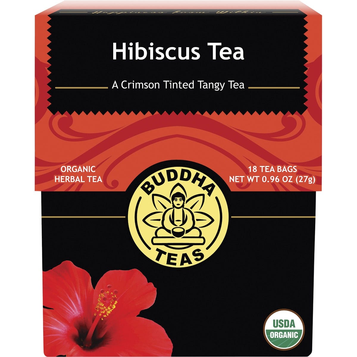 18-pack of Buddha Teas Organic Hibiscus Tea in a white and red box featuring a vibrant hibiscus flower illustration.