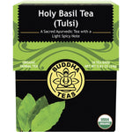 Buddha Teas Organic Holy Basil (Tulsi) Tea 18-pack box with a single tea bag and dried herbs on a white background.