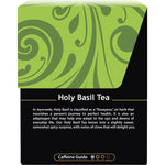 Side of Buddha Teas Holy Basil box with brewing instructions, nutrition facts, and organic certification labels.