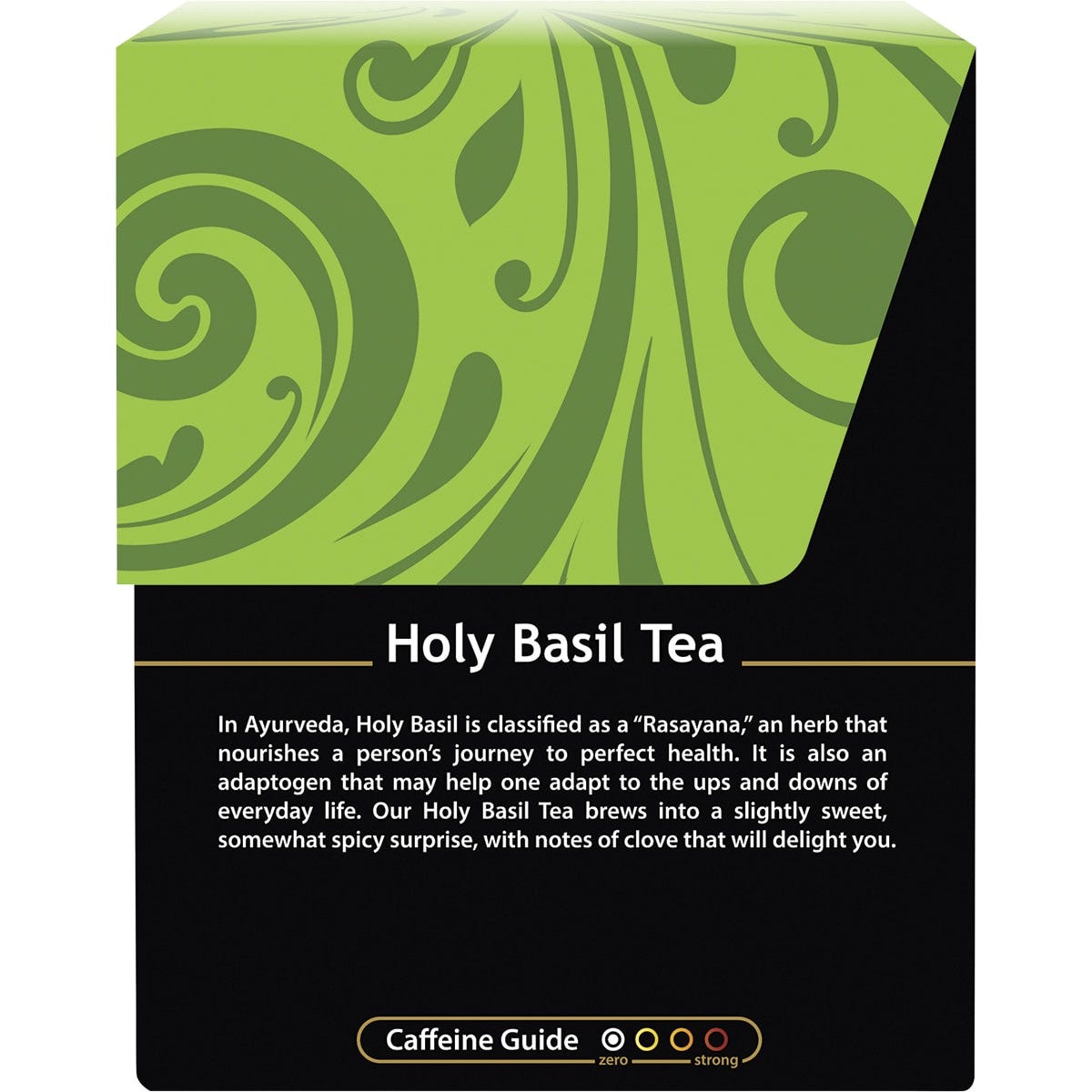 Side of Buddha Teas Holy Basil box with brewing instructions, nutrition facts, and organic certification labels.