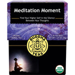 Box of 18 Buddha Teas Organic Meditation Moment herbal tea bags with a white and purple label.