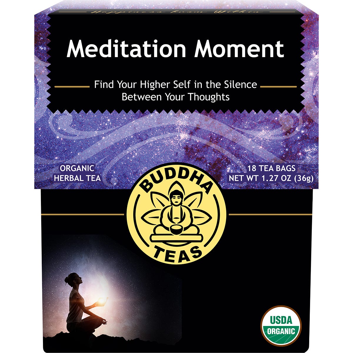 Box of 18 Buddha Teas Organic Meditation Moment herbal tea bags with a white and purple label.